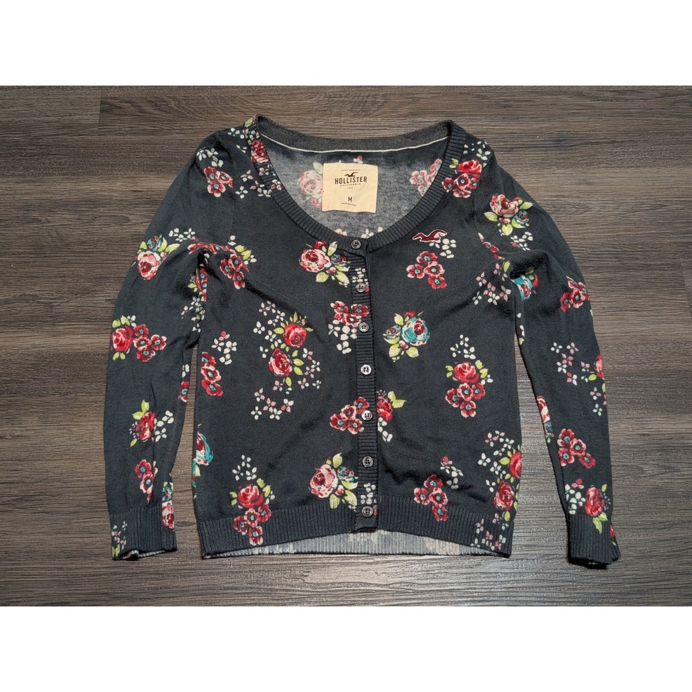 Hollister Floral Cardigan Sweater Womens Medium Dark Gray Button Front Knit Logo